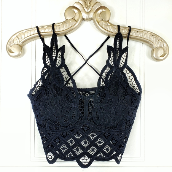NEW Boho Embroidered Lace Strappy Halter Bralette Top Black - Picture 3 of 9